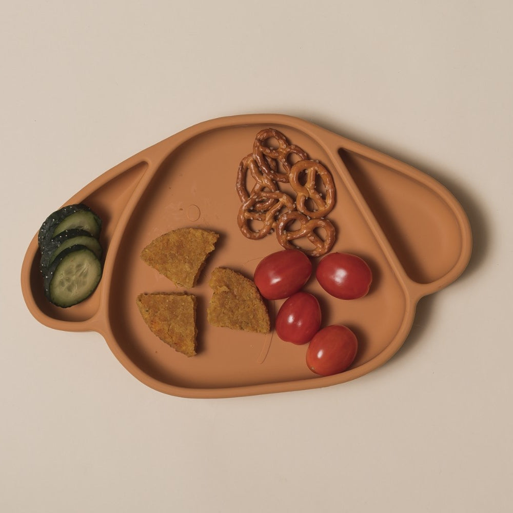 Silikonowy lunchbox dla dzieci The Cotton Cloud – z przegródkami, opaską i pokrywką pełniącą funkcję talerza, wzór/kolor: pies/pomarańczowy