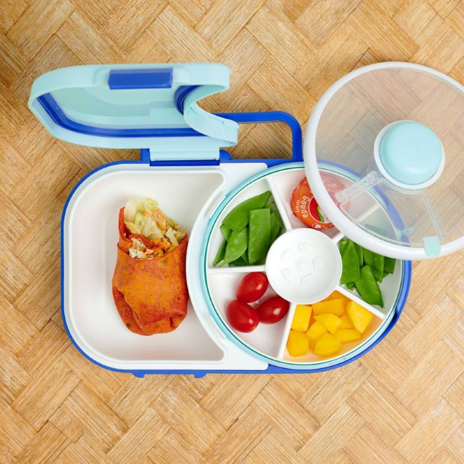 Śniadaniówka GoBe 2w1 – lunchbox i pojemnik na przekąski dla dzieci, interaktywny, do szkoły i przedszkola, kolor: blueberry blue