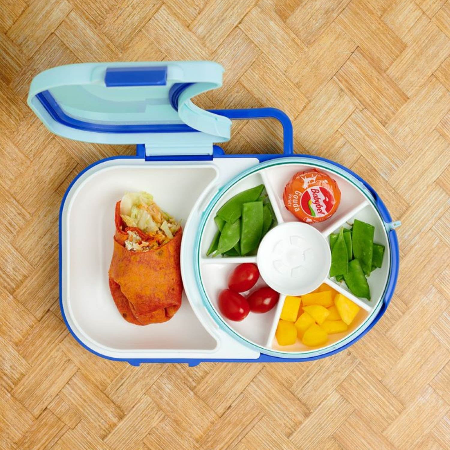 Śniadaniówka GoBe 2w1 – lunchbox i pojemnik na przekąski dla dzieci, interaktywny, do szkoły i przedszkola, kolor: blueberry blue