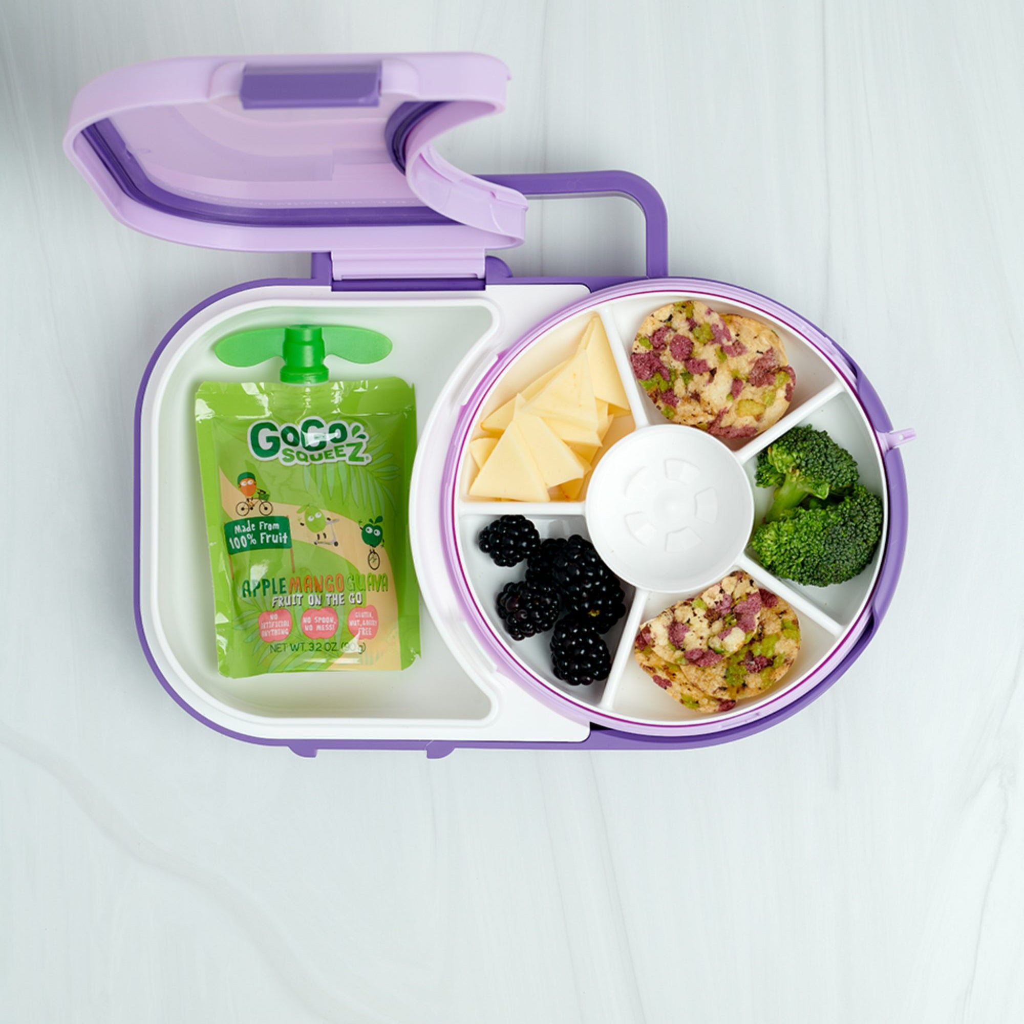 Śniadaniówka GoBe 2w1 – lunchbox i pojemnik na przekąski dla dzieci, interaktywny, do szkoły i przedszkola, kolor: grape purple