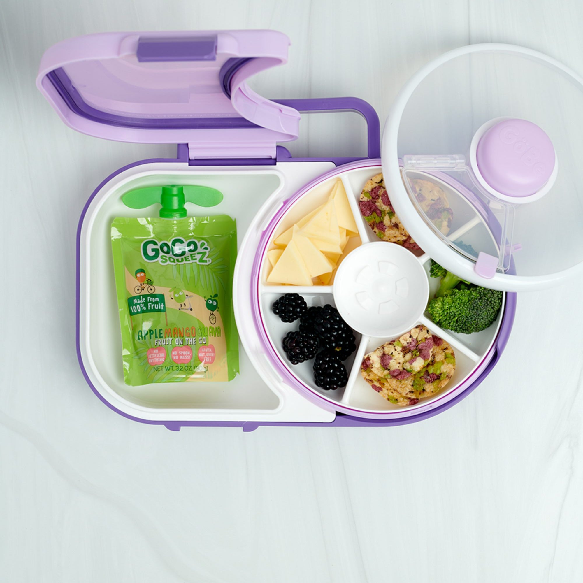 Śniadaniówka GoBe 2w1 – lunchbox i pojemnik na przekąski dla dzieci, interaktywny, do szkoły i przedszkola, kolor: grape purple