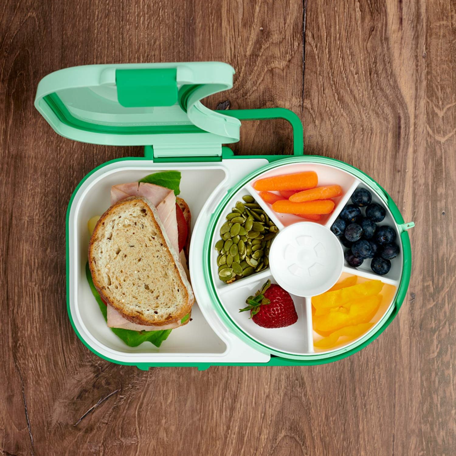 Śniadaniówka GoBe 2w1 – lunchbox i pojemnik na przekąski dla dzieci, interaktywny, do szkoły i przedszkola, kolor: sage green