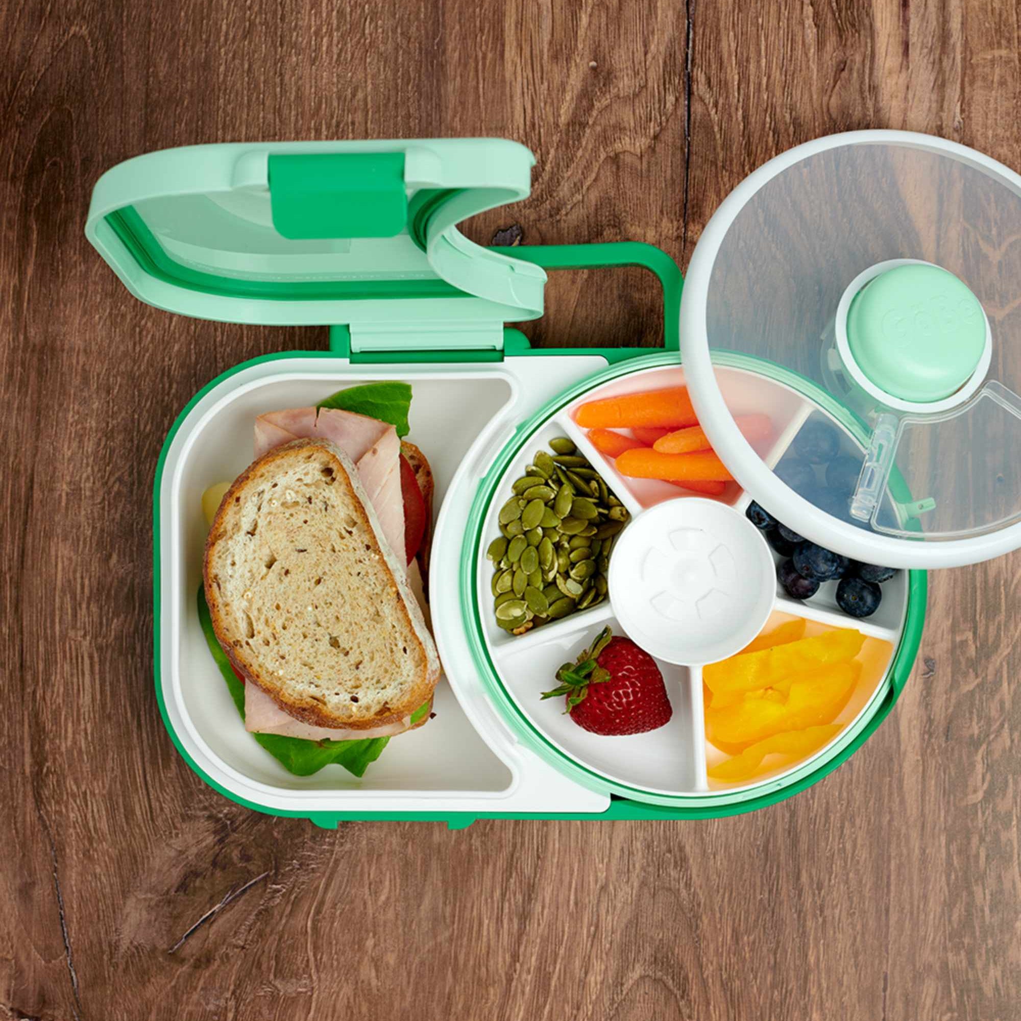 Śniadaniówka GoBe 2w1 – lunchbox i pojemnik na przekąski dla dzieci, interaktywny, do szkoły i przedszkola, kolor: sage green