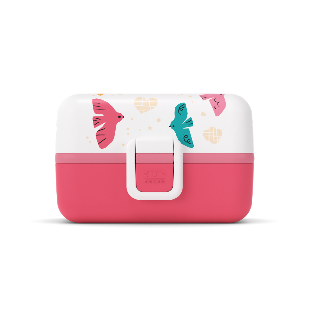 Monbento Tresor Birds – lunchbox dla dzieci z 3 pojemnikami. Lekki, szczelny i łatwy w otwieraniu. Idealny do szkoły, na wycieczkę i piknik, wzór: ptaszki