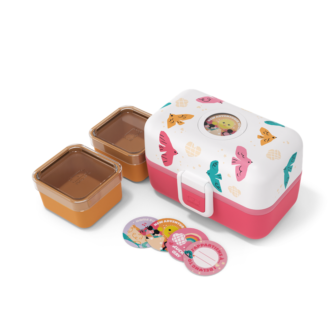 Monbento Tresor Birds – lunchbox dla dzieci z 3 pojemnikami. Lekki, szczelny i łatwy w otwieraniu. Idealny do szkoły, na wycieczkę i piknik, wzór: ptaszki
