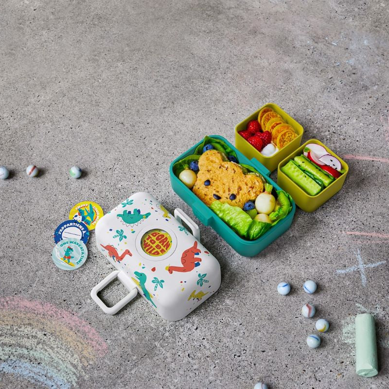 Monbento Tresor Dino – lunchbox dla dzieci z 3 pojemnikami. Lekki, szczelny i łatwy w otwieraniu. Idealny do szkoły, na wycieczkę i piknik, wzór: dinozaury