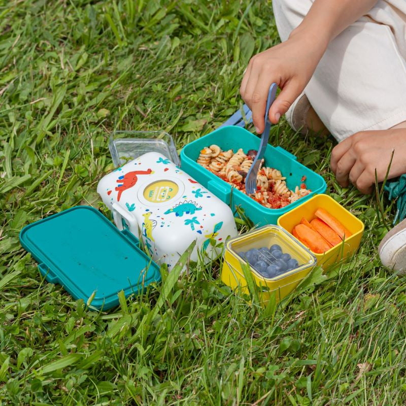 Monbento Tresor Dino – lunchbox dla dzieci z 3 pojemnikami. Lekki, szczelny i łatwy w otwieraniu. Idealny do szkoły, na wycieczkę i piknik, wzór: dinozaury