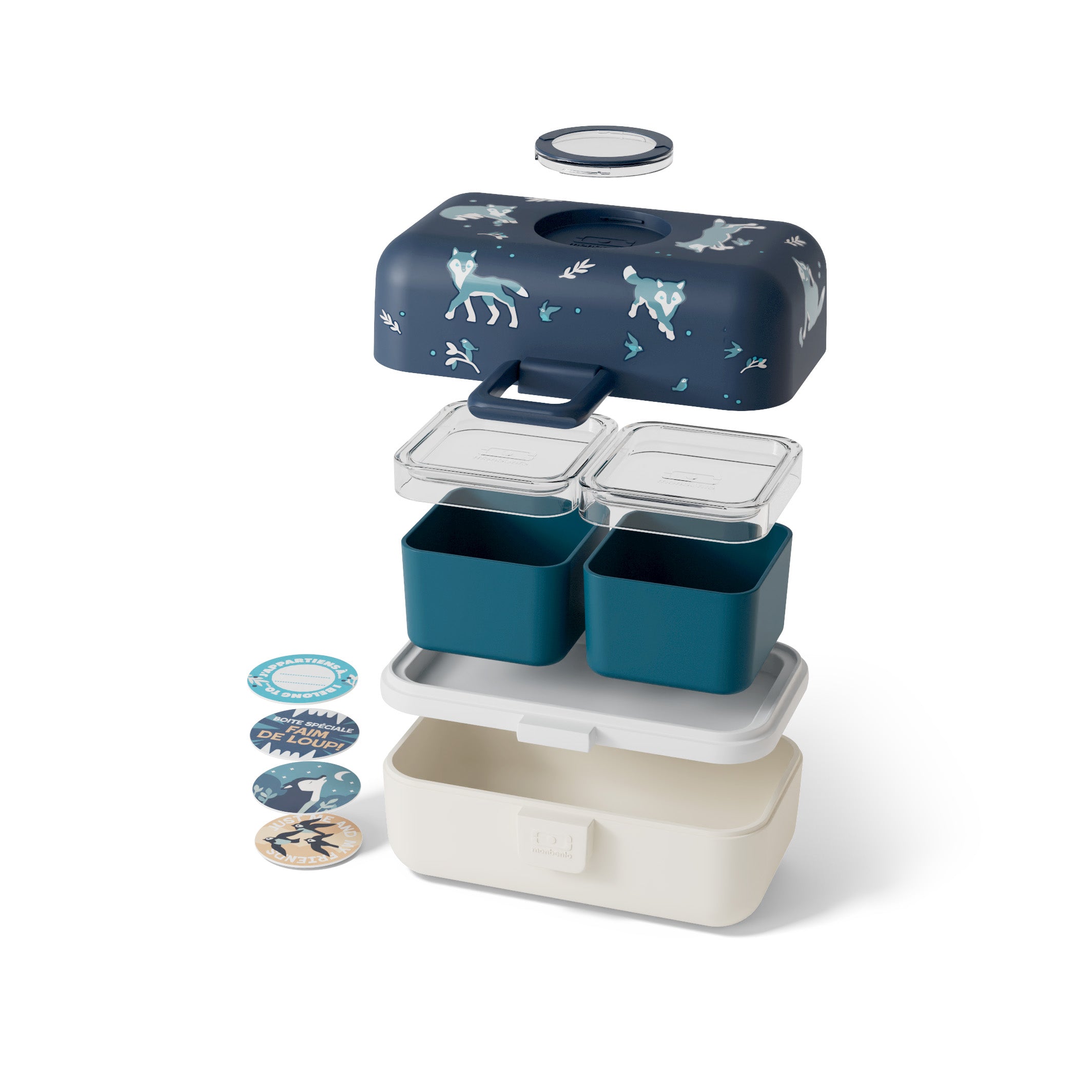 Monbento Tresor Wolf – lunchbox dla dzieci z 3 pojemnikami. Lekki, szczelny i łatwy w otwieraniu. Idealny do szkoły, na wycieczkę i piknik, wzór: wilk
