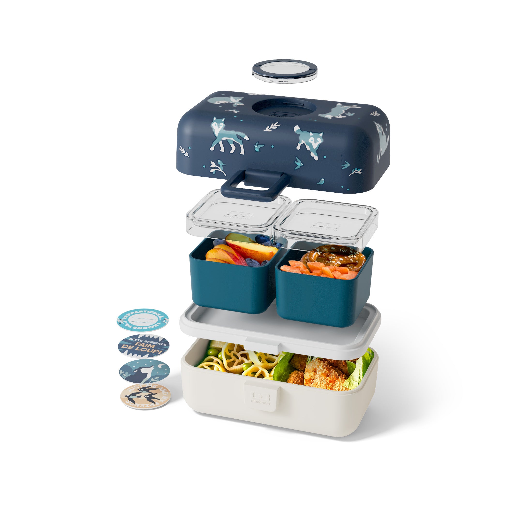 Monbento Tresor Wolf – lunchbox dla dzieci z 3 pojemnikami. Lekki, szczelny i łatwy w otwieraniu. Idealny do szkoły, na wycieczkę i piknik, wzór: wilk
