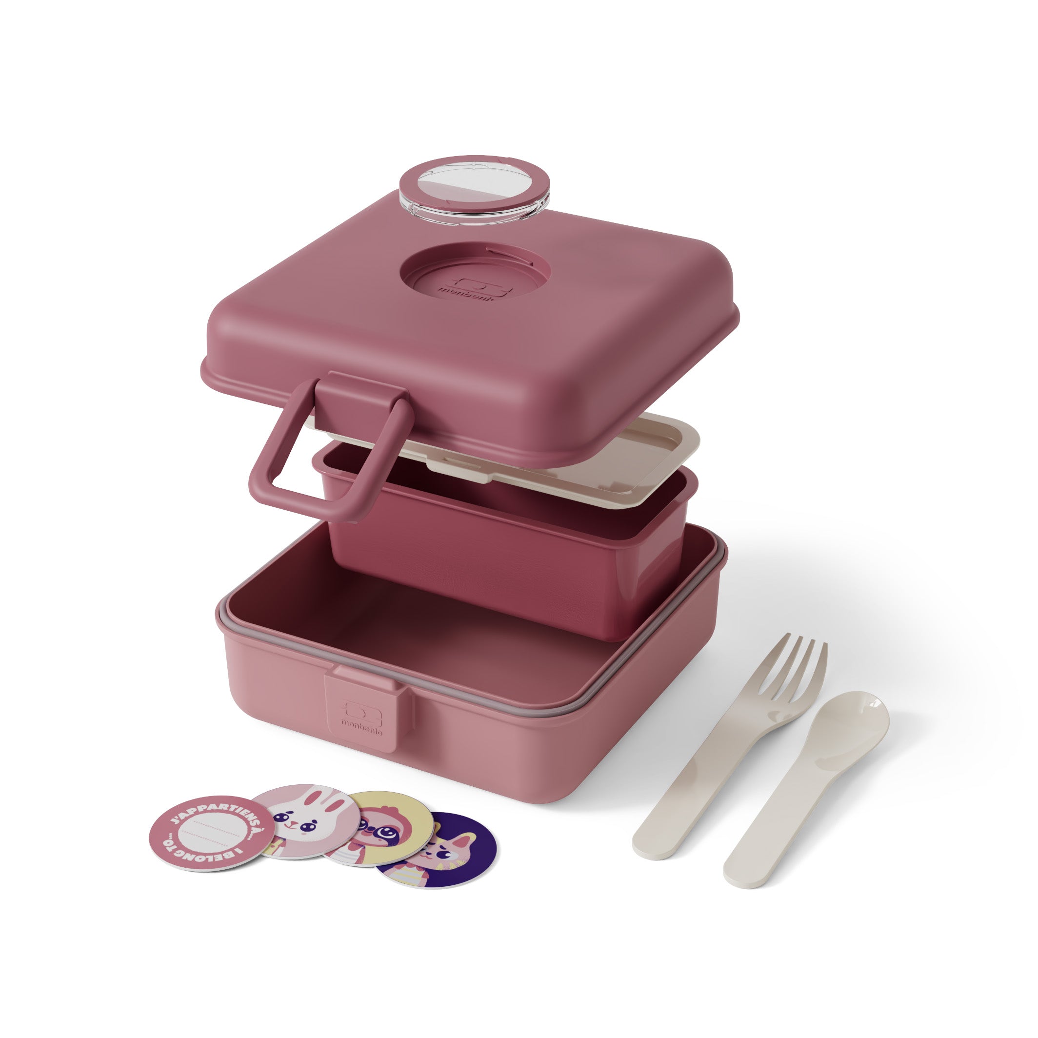 Lunchbox Monbento Snacky Blush – lekki, szczelny i bez BPA, z uchwytem, małym pojemniczkiem i sztućcami, kolor: różowy