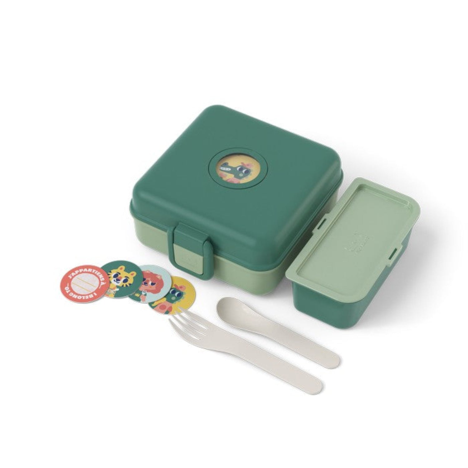 Lunchbox Monbento Snacky Forest – lekki, szczelny i bez BPA, z uchwytem, małym pojemniczkiem i sztućcami, kolor: zielony