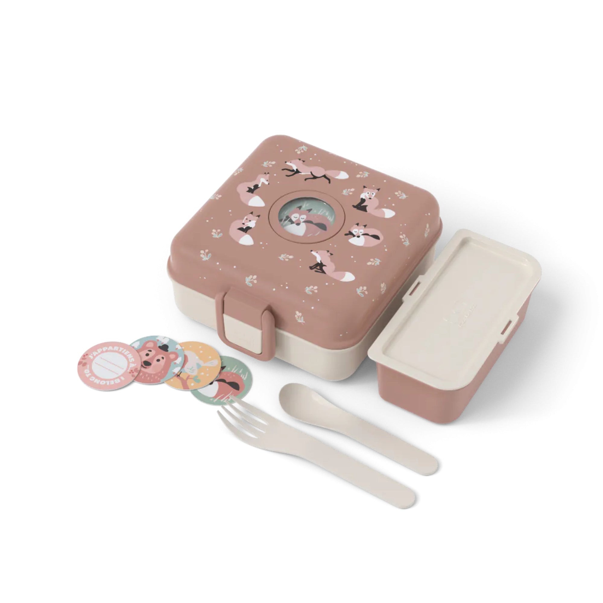 Lunchbox Monbento Snacky Fox – lekki, szczelny i bez BPA, z uchwytem, małym pojemniczkiem i sztućcami, wzór: lisy