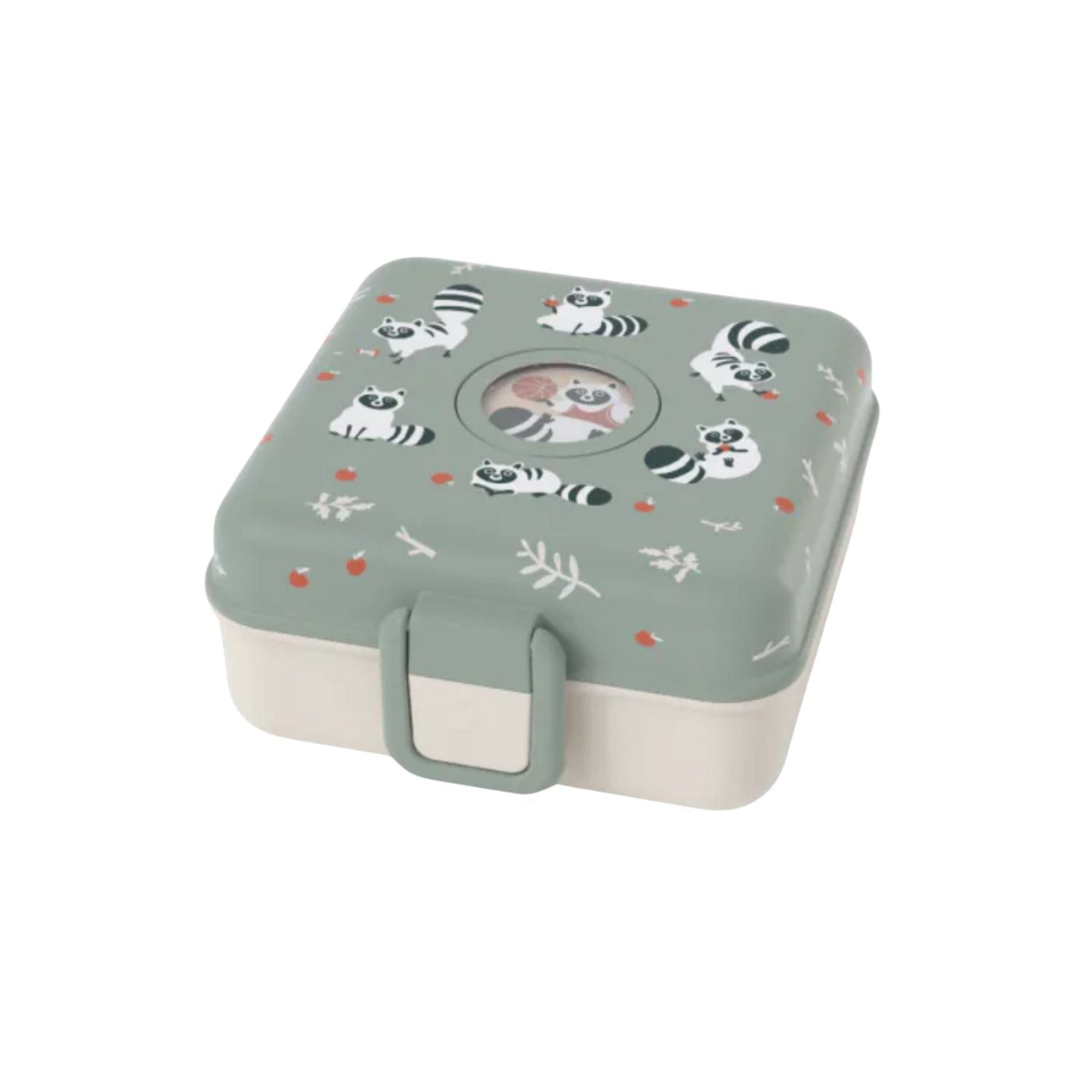 Lunchbox Monbento Snacky Racoon – lekki, szczelny i bez BPA, z uchwytem, małym pojemniczkiem i sztućcami, wzór: szop