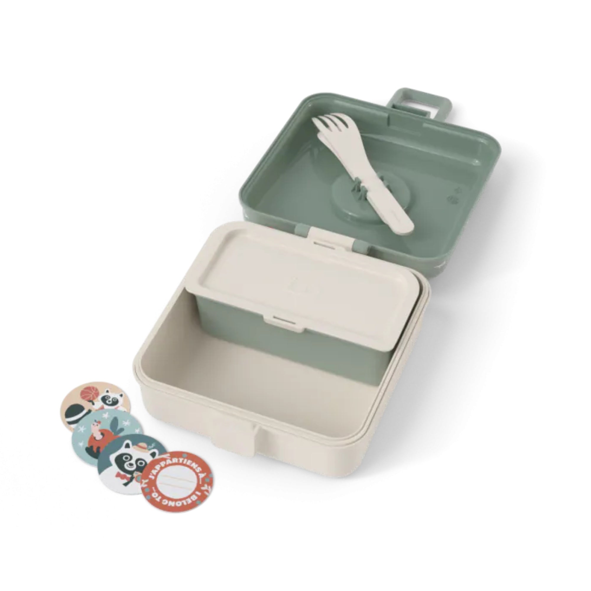 Lunchbox Monbento Snacky Racoon – lekki, szczelny i bez BPA, z uchwytem, małym pojemniczkiem i sztućcami, wzór: szop