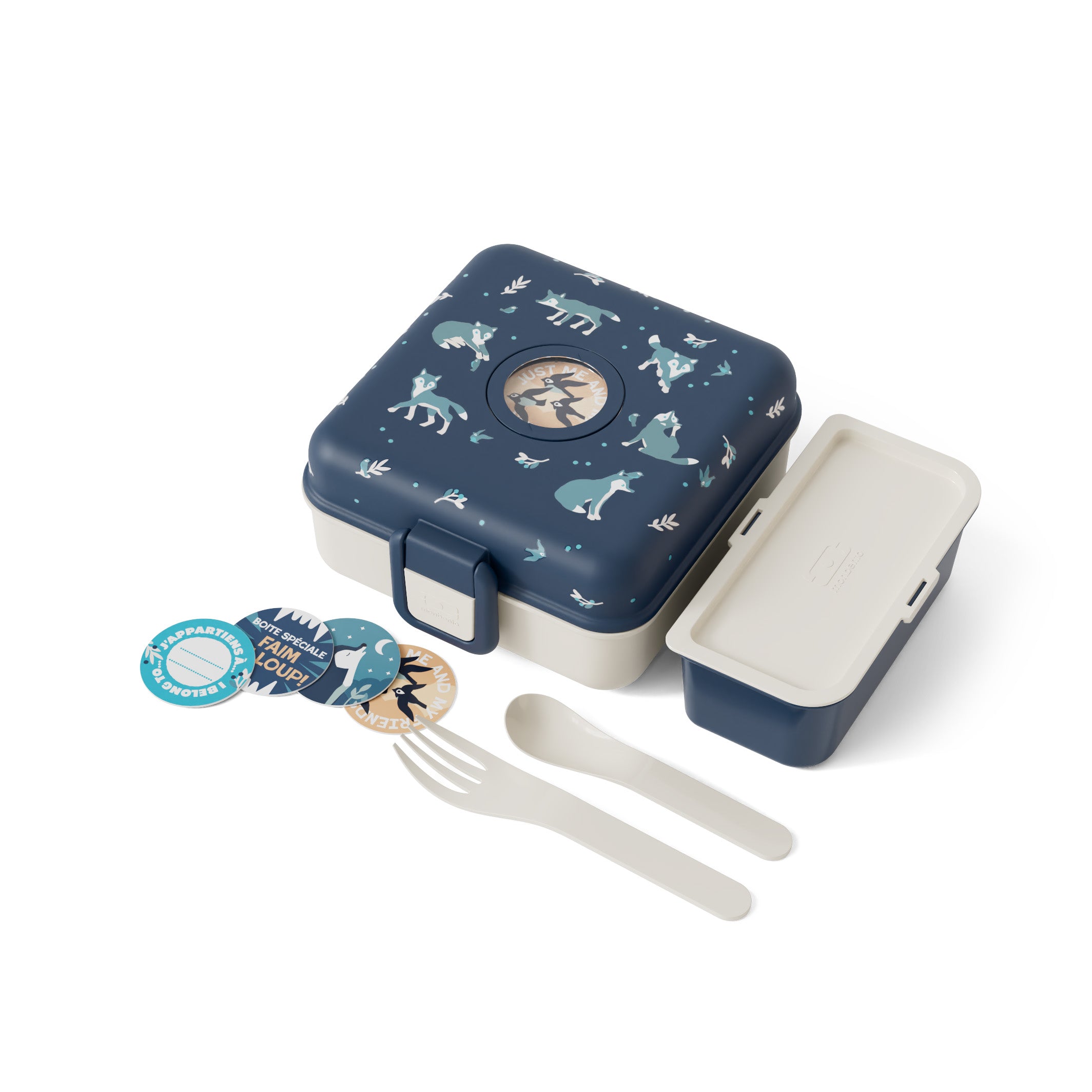 Lunchbox Monbento Snacky Wolf – lekki, szczelny i bez BPA, z uchwytem, małym pojemniczkiem i sztućcami, wzór: wilki