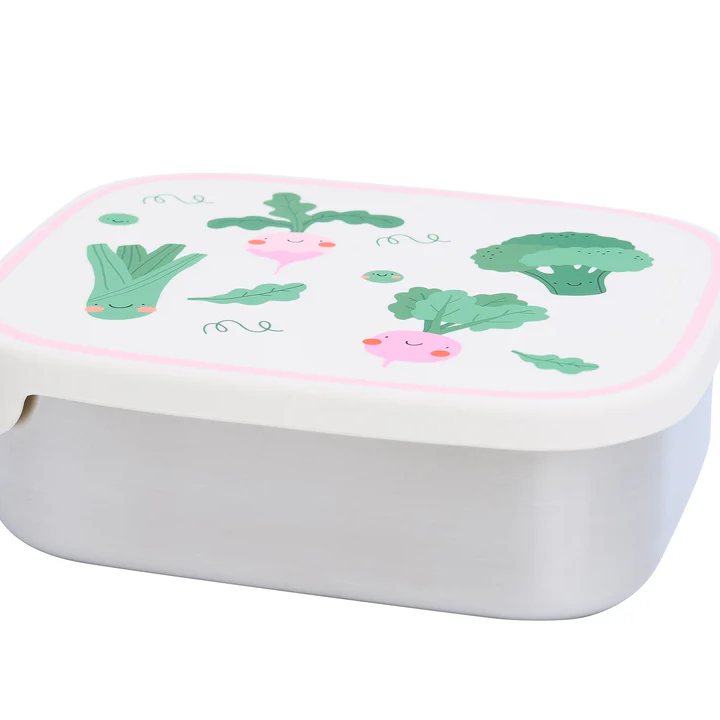 Śniadaniówka The Cotton Cloud Veggie Pals – 1000 ml, miękka pokrywka, wyjmowana przegródka, uroczy design, idealny do szkoły / przedszkola, wzór: warzywa