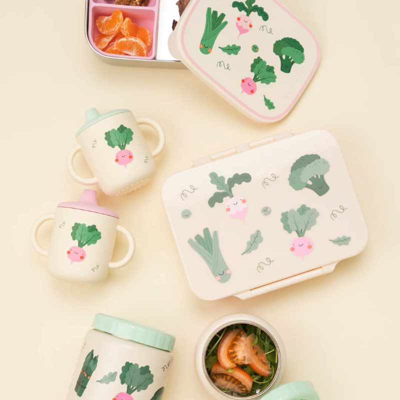 Śniadaniówka The Cotton Cloud Veggie Pals – 1000 ml, miękka pokrywka, wyjmowana przegródka, uroczy design, idealny do szkoły / przedszkola, wzór: warzywa