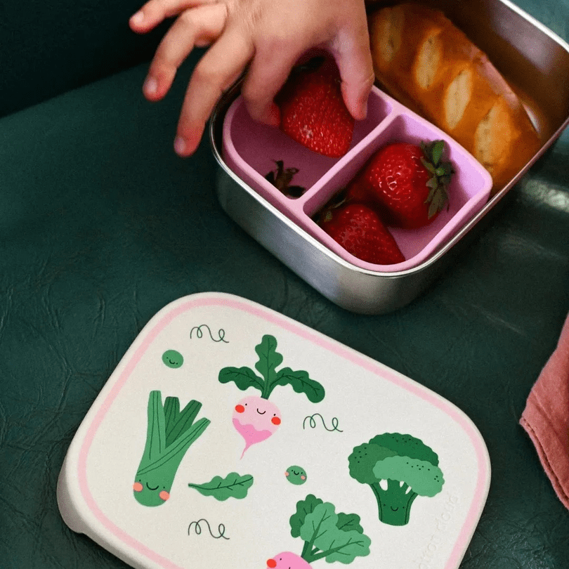 Śniadaniówka The Cotton Cloud Veggie Pals – 1000 ml, miękka pokrywka, wyjmowana przegródka, uroczy design, idealny do szkoły / przedszkola, wzór: warzywa