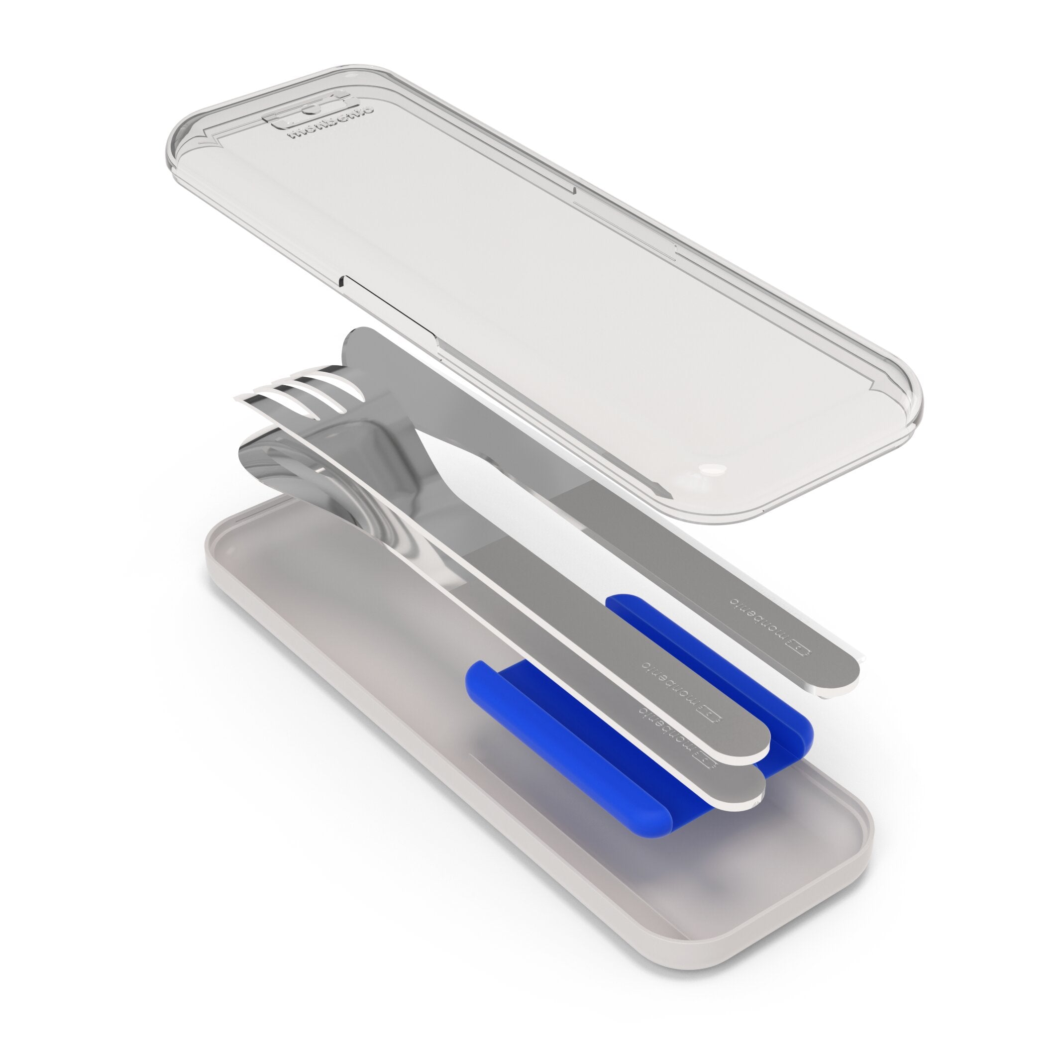 Monbento Slim Box Blue – stalowe, kompaktowe sztućce w etui, idealne do lunchboxa i podróży, kolor: niebieski