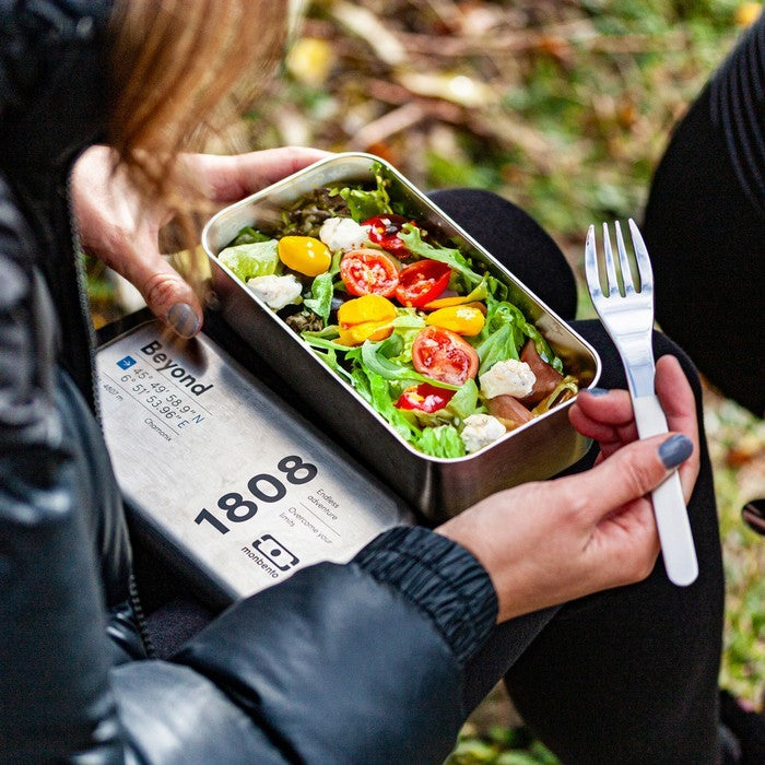 Monbento Slim Box Blue – stalowe, kompaktowe sztućce w etui, idealne do lunchboxa i podróży, kolor: niebieski