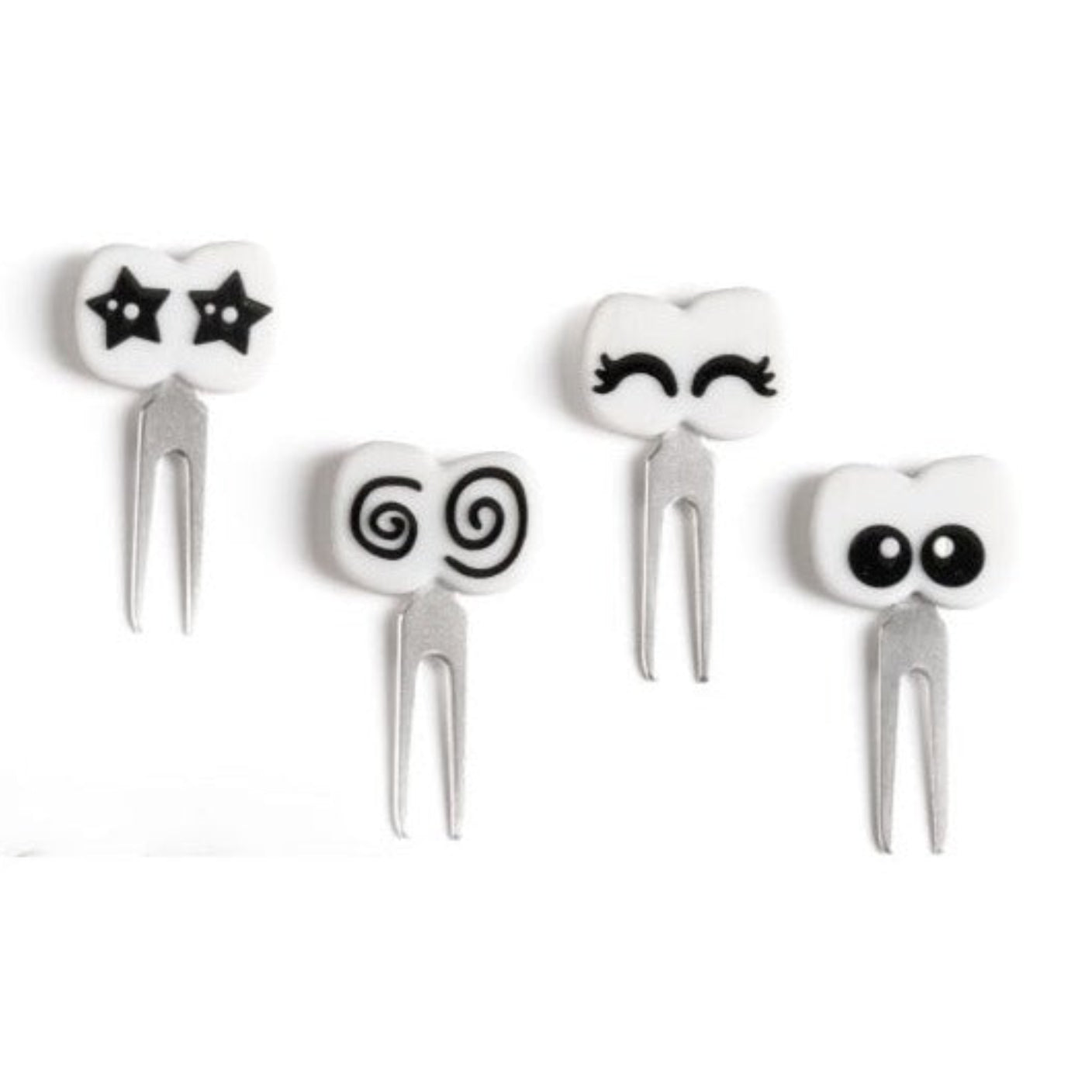 Lekkabox Cartoon Eyes – zestaw widelczyków ze stali nierdzewnej, silikonowe ozdobne końcówki, bezpieczne, wielorazowe, łatwe w czyszczeniu