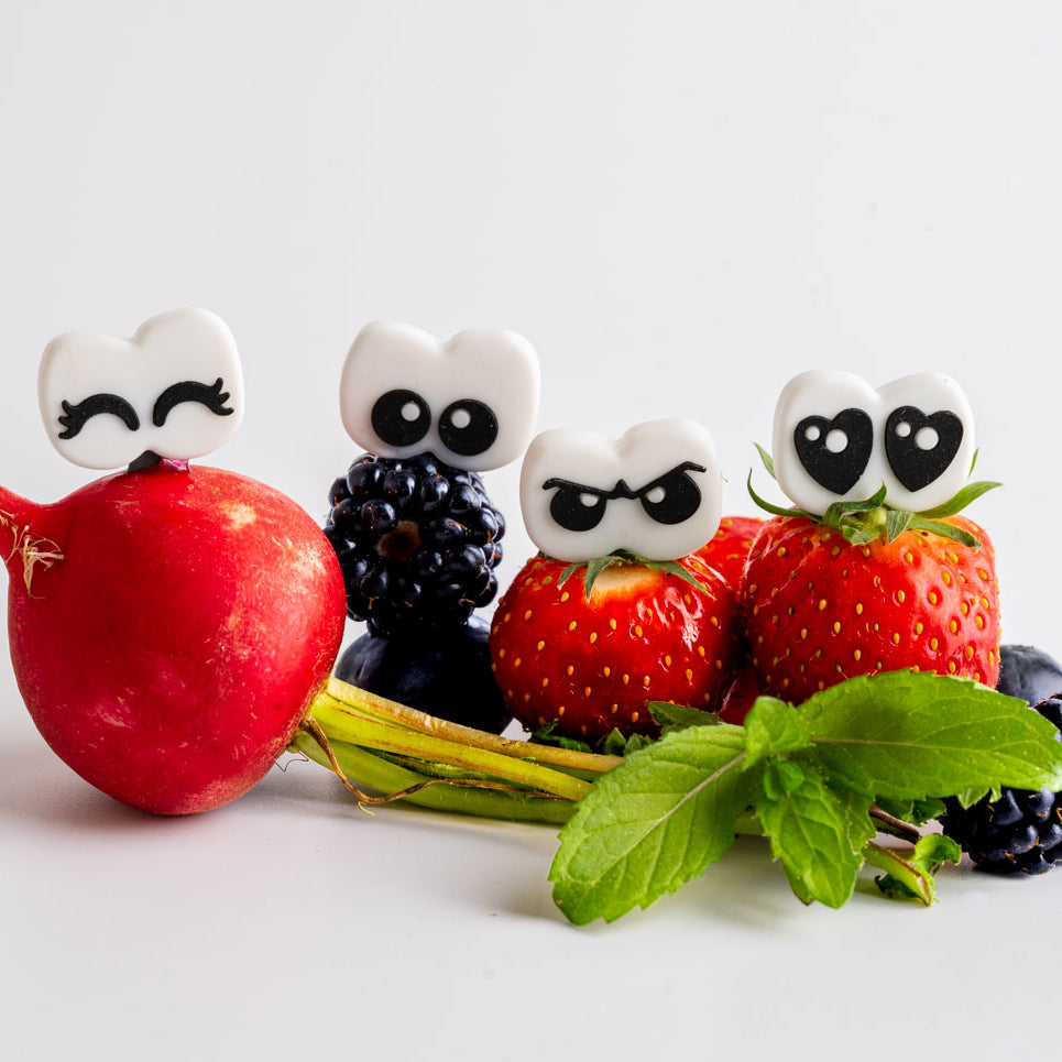 Lekkabox Cartoon Eyes – zestaw widelczyków ze stali nierdzewnej, silikonowe ozdobne końcówki, bezpieczne, wielorazowe, łatwe w czyszczeniu