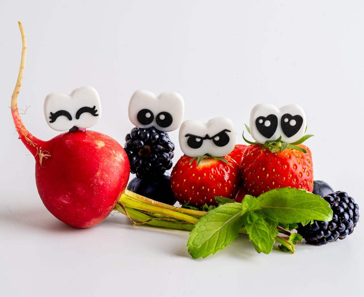 Lekkabox Cartoon Eyes – zestaw widelczyków ze stali nierdzewnej, silikonowe ozdobne końcówki, bezpieczne, wielorazowe, łatwe w czyszczeniu