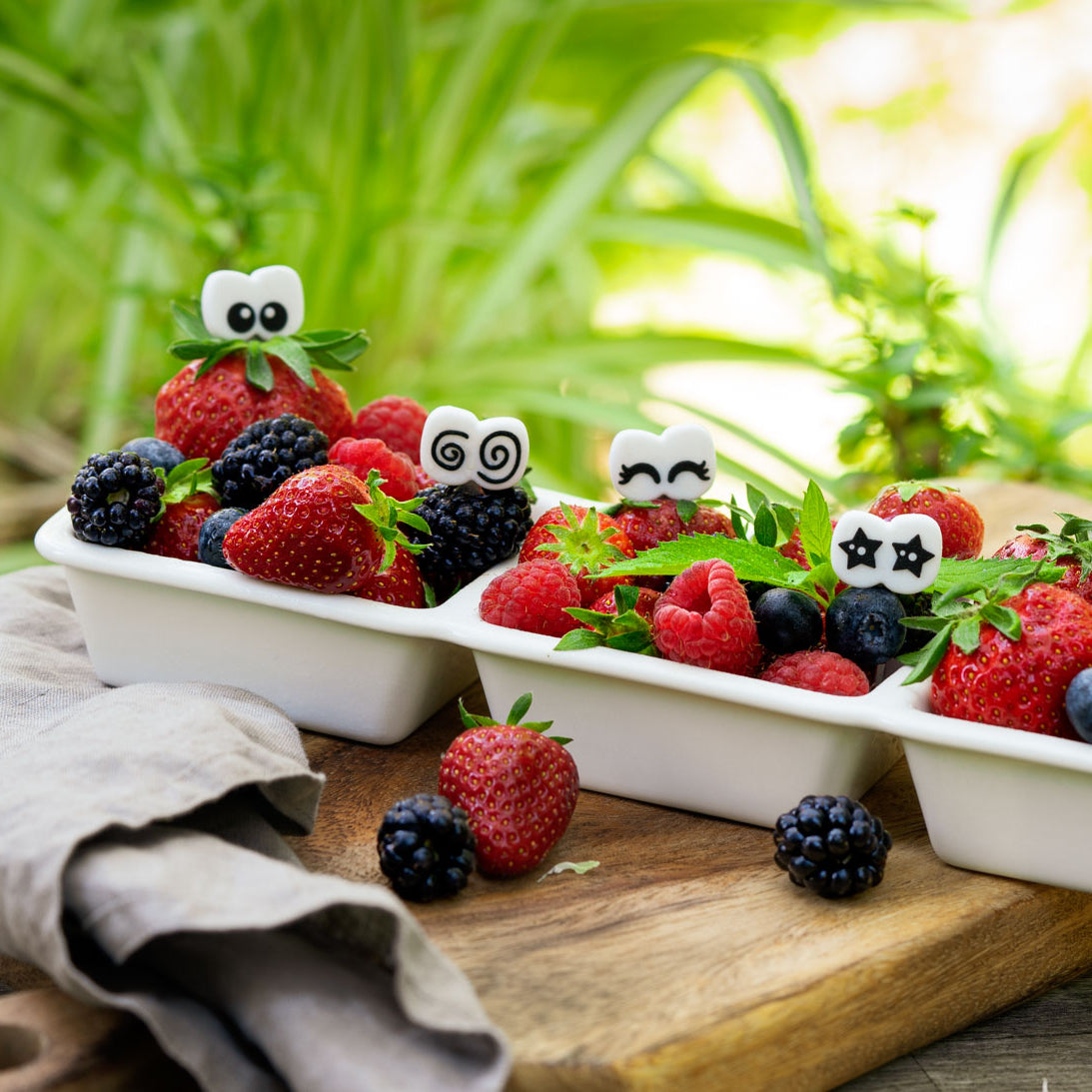 Lekkabox Cartoon Eyes – zestaw widelczyków ze stali nierdzewnej, silikonowe ozdobne końcówki, bezpieczne, wielorazowe, łatwe w czyszczeniu