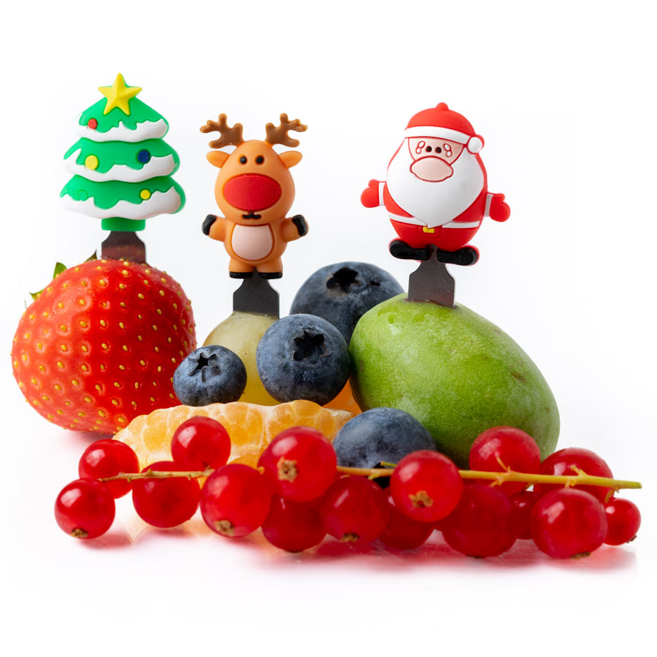 Lekkabox Christmas – zestaw widelczyków ze stali nierdzewnej, silikonowe ozdobne końcówki, bezpieczne, wielorazowe, łatwe w czyszczeniu, idealne na święta