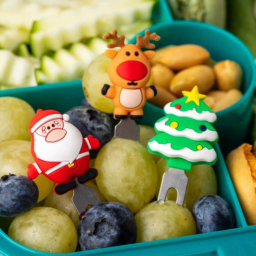 Lekkabox Christmas – zestaw widelczyków ze stali nierdzewnej, silikonowe ozdobne końcówki, bezpieczne, wielorazowe, łatwe w czyszczeniu, idealne na święta