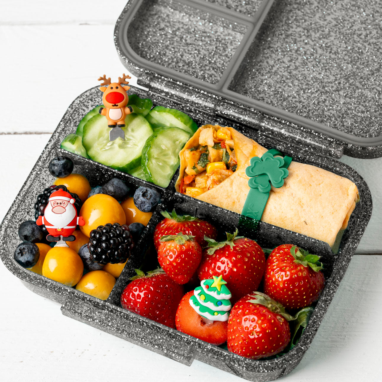 Lekkabox Christmas – zestaw widelczyków ze stali nierdzewnej, silikonowe ozdobne końcówki, bezpieczne, wielorazowe, łatwe w czyszczeniu, idealne na święta