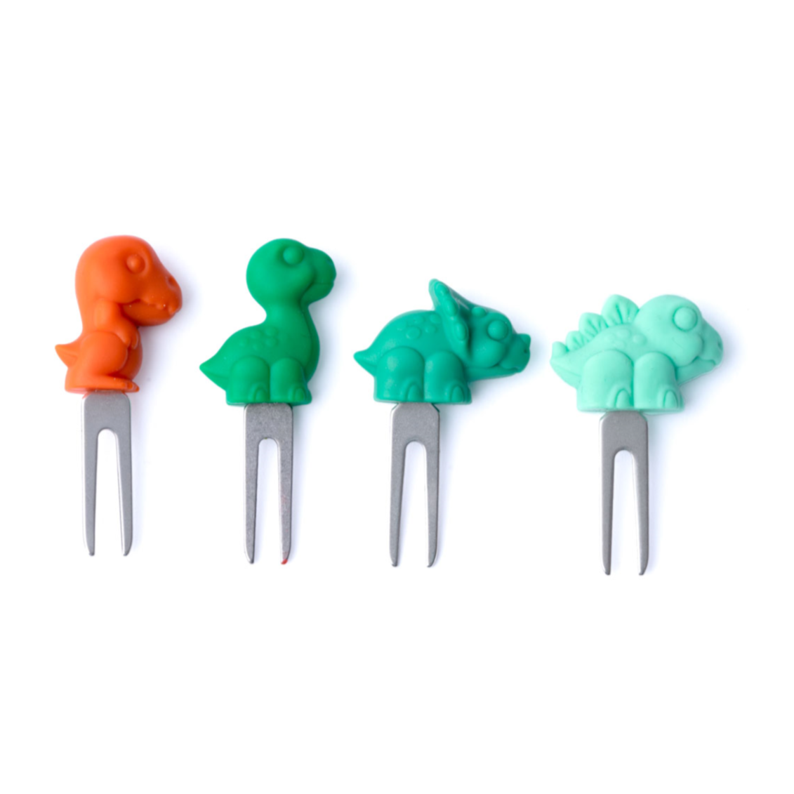 Lekkabox Dino – zestaw widelczyków ze stali nierdzewnej, silikonowe ozdobne końcówki, bezpieczne, wielorazowe, łatwe w czyszczeniu