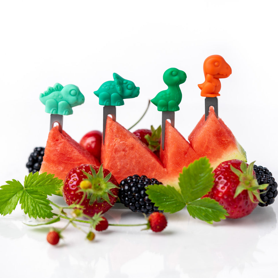 Lekkabox Dino – zestaw widelczyków ze stali nierdzewnej, silikonowe ozdobne końcówki, bezpieczne, wielorazowe, łatwe w czyszczeniu