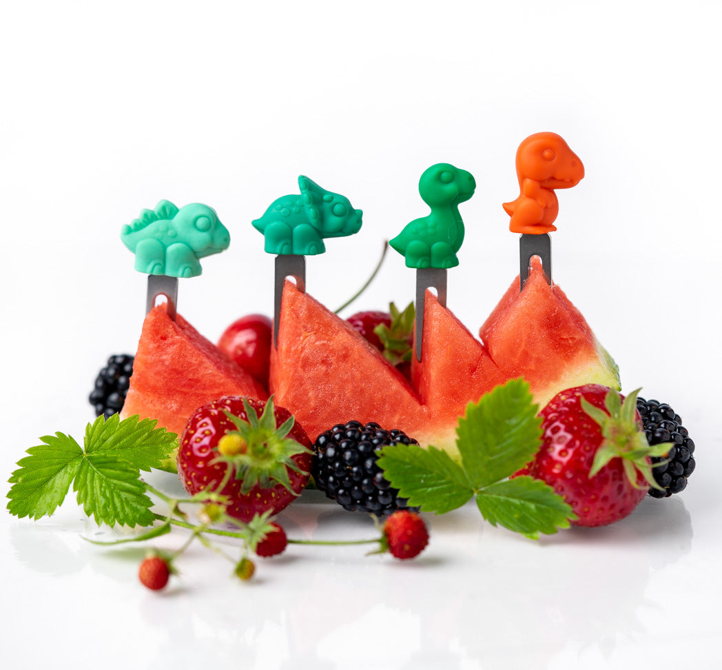 Lekkabox Dino – zestaw widelczyków ze stali nierdzewnej, silikonowe ozdobne końcówki, bezpieczne, wielorazowe, łatwe w czyszczeniu