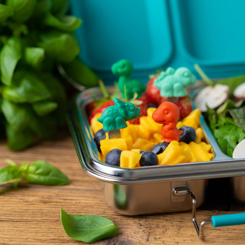 Lekkabox Dino – zestaw widelczyków ze stali nierdzewnej, silikonowe ozdobne końcówki, bezpieczne, wielorazowe, łatwe w czyszczeniu