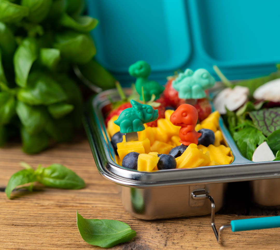 Lekkabox Dino – zestaw widelczyków ze stali nierdzewnej, silikonowe ozdobne końcówki, bezpieczne, wielorazowe, łatwe w czyszczeniu