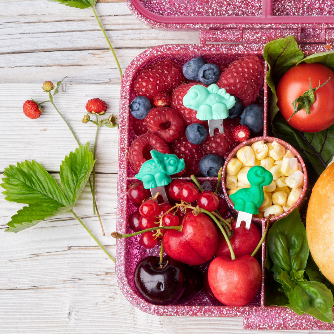 Lekkabox Dino – zestaw widelczyków ze stali nierdzewnej, silikonowe ozdobne końcówki, bezpieczne, wielorazowe, łatwe w czyszczeniu