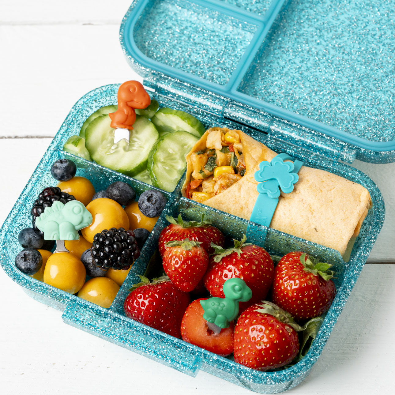 Lekkabox Dino – zestaw widelczyków ze stali nierdzewnej, silikonowe ozdobne końcówki, bezpieczne, wielorazowe, łatwe w czyszczeniu