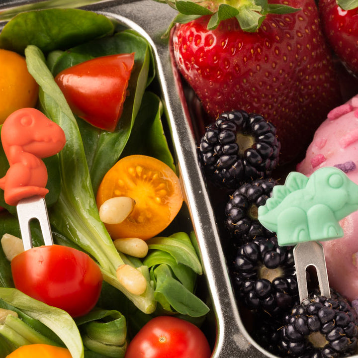 Lekkabox Dino – zestaw widelczyków ze stali nierdzewnej, silikonowe ozdobne końcówki, bezpieczne, wielorazowe, łatwe w czyszczeniu