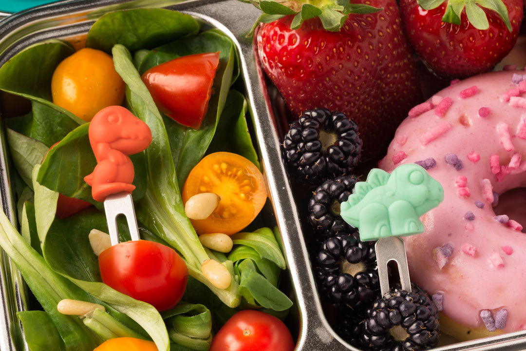 Lekkabox Dino – zestaw widelczyków ze stali nierdzewnej, silikonowe ozdobne końcówki, bezpieczne, wielorazowe, łatwe w czyszczeniu