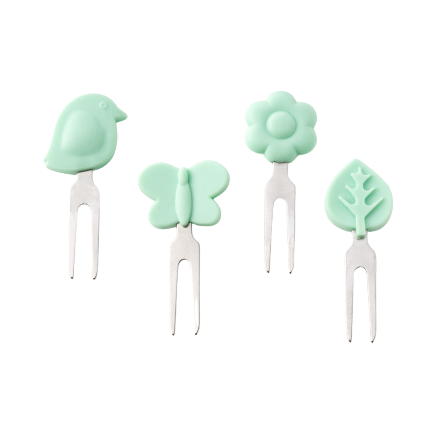 Lekkabox Garden – zestaw widelczyków ze stali nierdzewnej, silikonowe ozdobne końcówki, bezpieczne, wielorazowe, łatwe w czyszczeniu