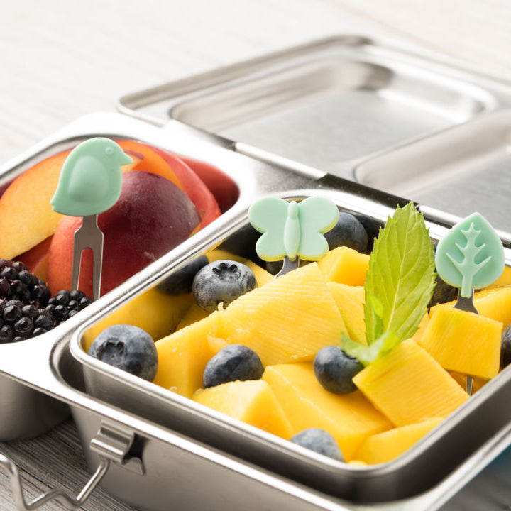 Lekkabox Garden – zestaw widelczyków ze stali nierdzewnej, silikonowe ozdobne końcówki, bezpieczne, wielorazowe, łatwe w czyszczeniu