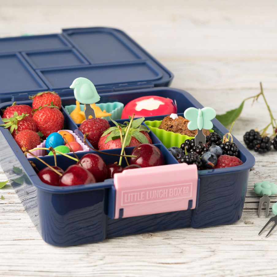 Lekkabox Garden – zestaw widelczyków ze stali nierdzewnej, silikonowe ozdobne końcówki, bezpieczne, wielorazowe, łatwe w czyszczeniu