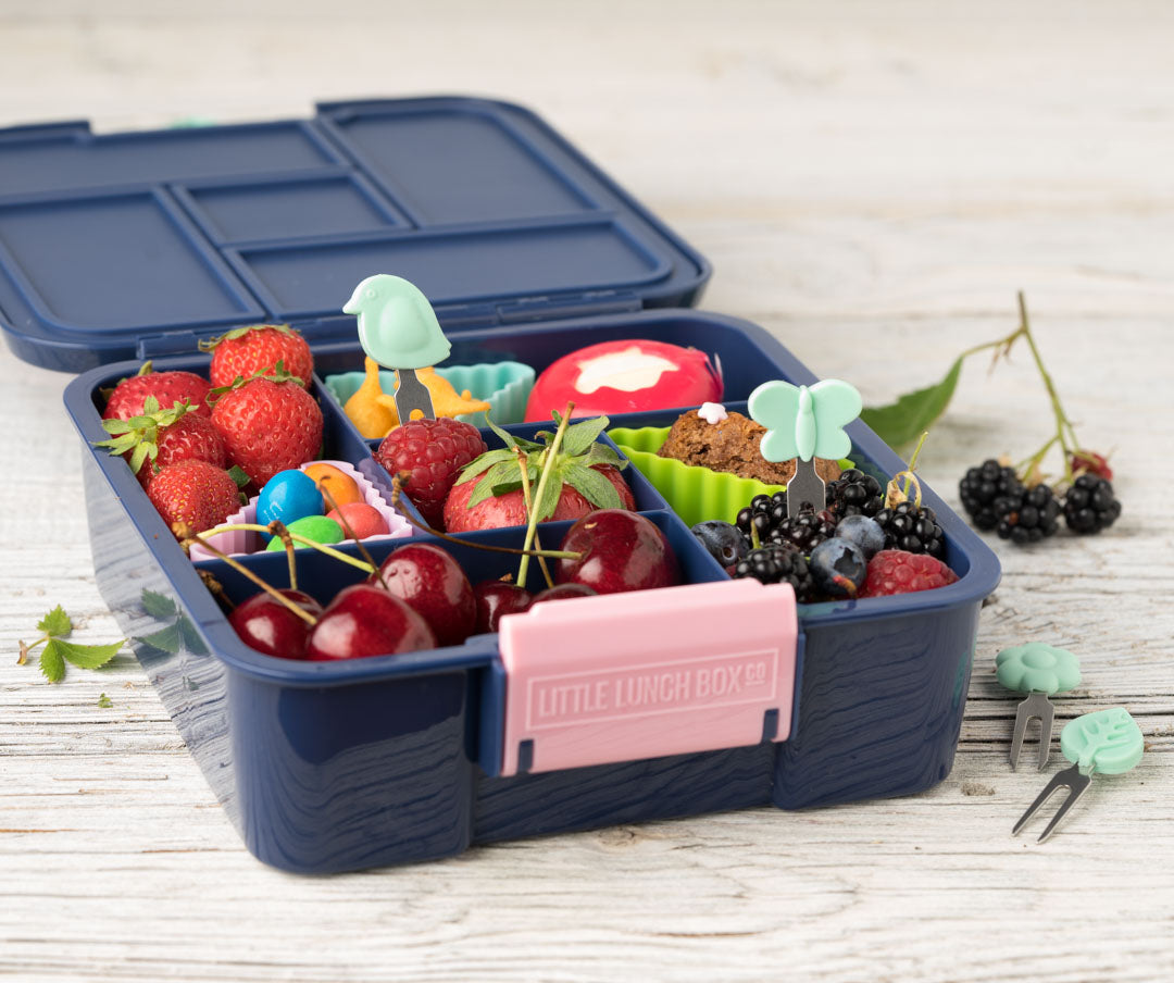 Lekkabox Garden – zestaw widelczyków ze stali nierdzewnej, silikonowe ozdobne końcówki, bezpieczne, wielorazowe, łatwe w czyszczeniu