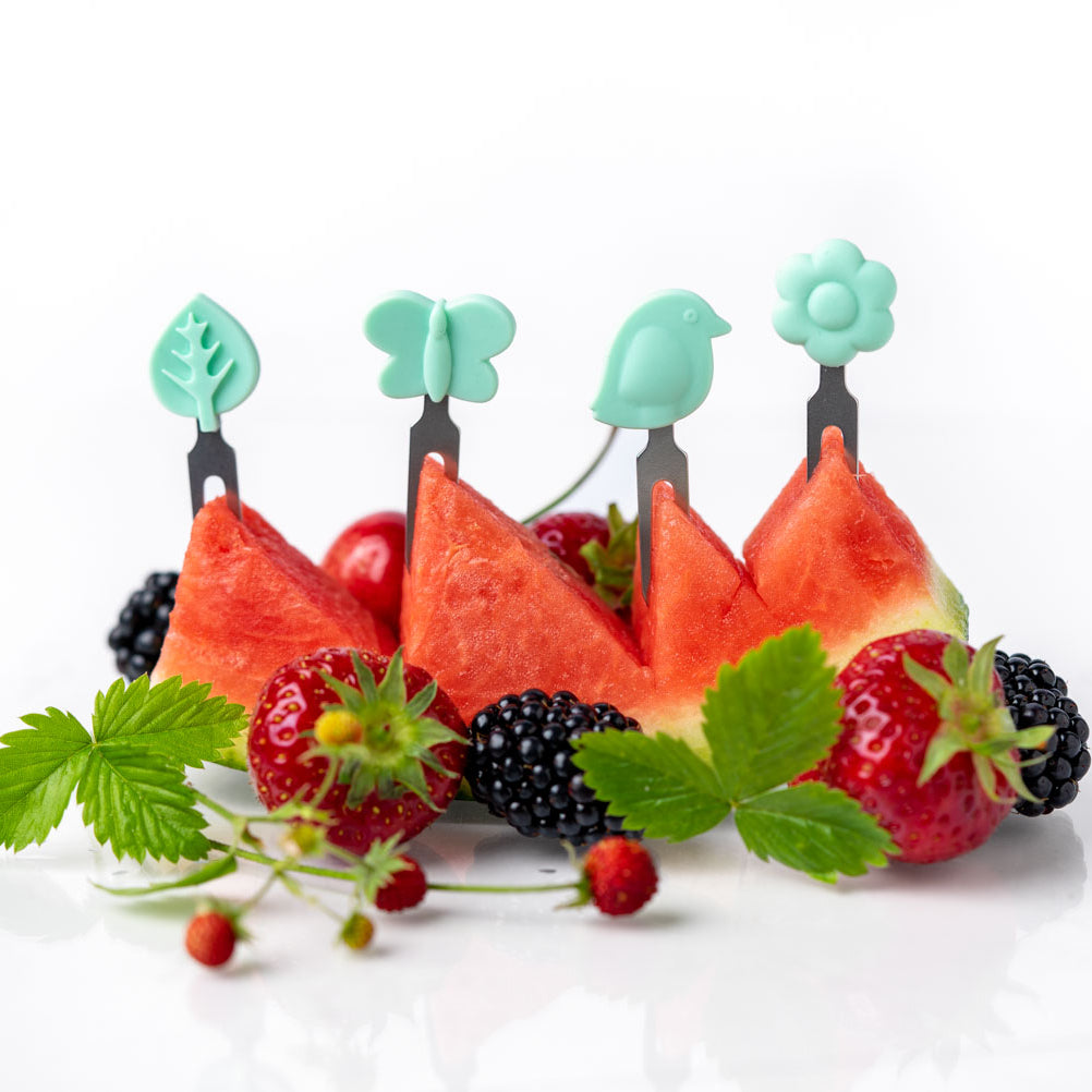 Lekkabox Garden – zestaw widelczyków ze stali nierdzewnej, silikonowe ozdobne końcówki, bezpieczne, wielorazowe, łatwe w czyszczeniu