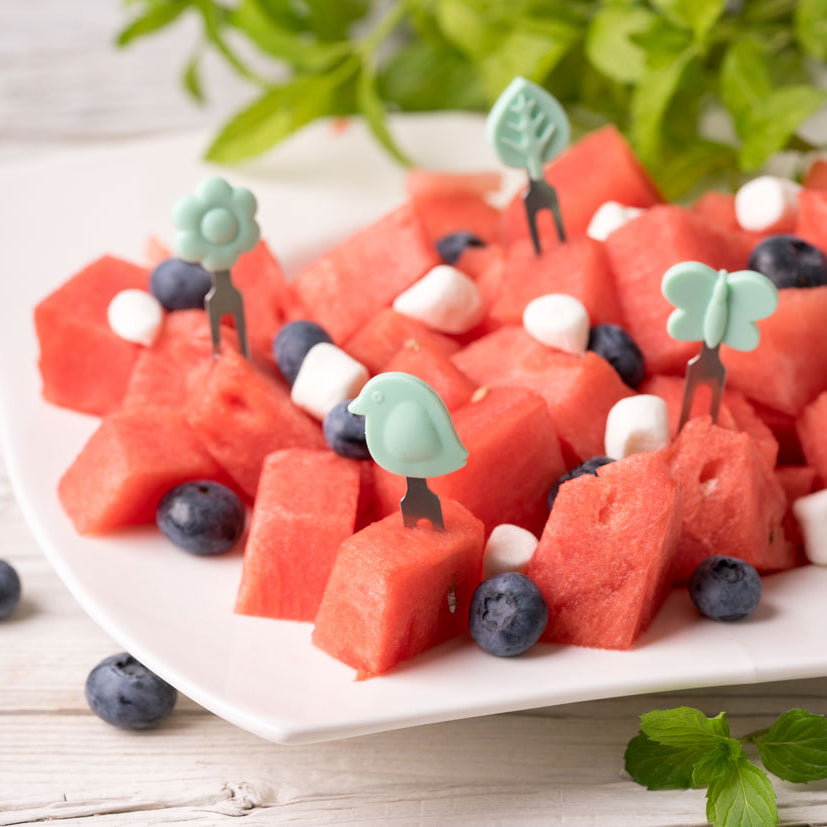 Lekkabox Garden – zestaw widelczyków ze stali nierdzewnej, silikonowe ozdobne końcówki, bezpieczne, wielorazowe, łatwe w czyszczeniu