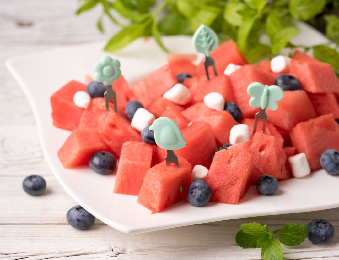 Lekkabox Garden – zestaw widelczyków ze stali nierdzewnej, silikonowe ozdobne końcówki, bezpieczne, wielorazowe, łatwe w czyszczeniu