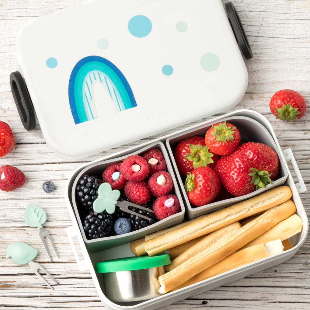 Lekkabox Garden – zestaw widelczyków ze stali nierdzewnej, silikonowe ozdobne końcówki, bezpieczne, wielorazowe, łatwe w czyszczeniu