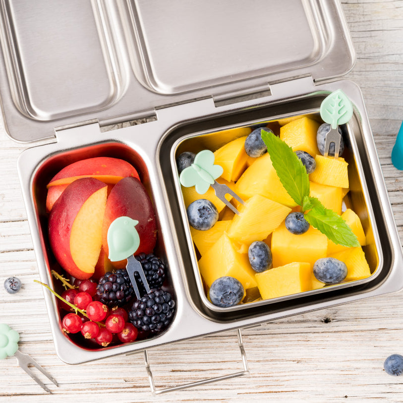 Lekkabox Garden – zestaw widelczyków ze stali nierdzewnej, silikonowe ozdobne końcówki, bezpieczne, wielorazowe, łatwe w czyszczeniu