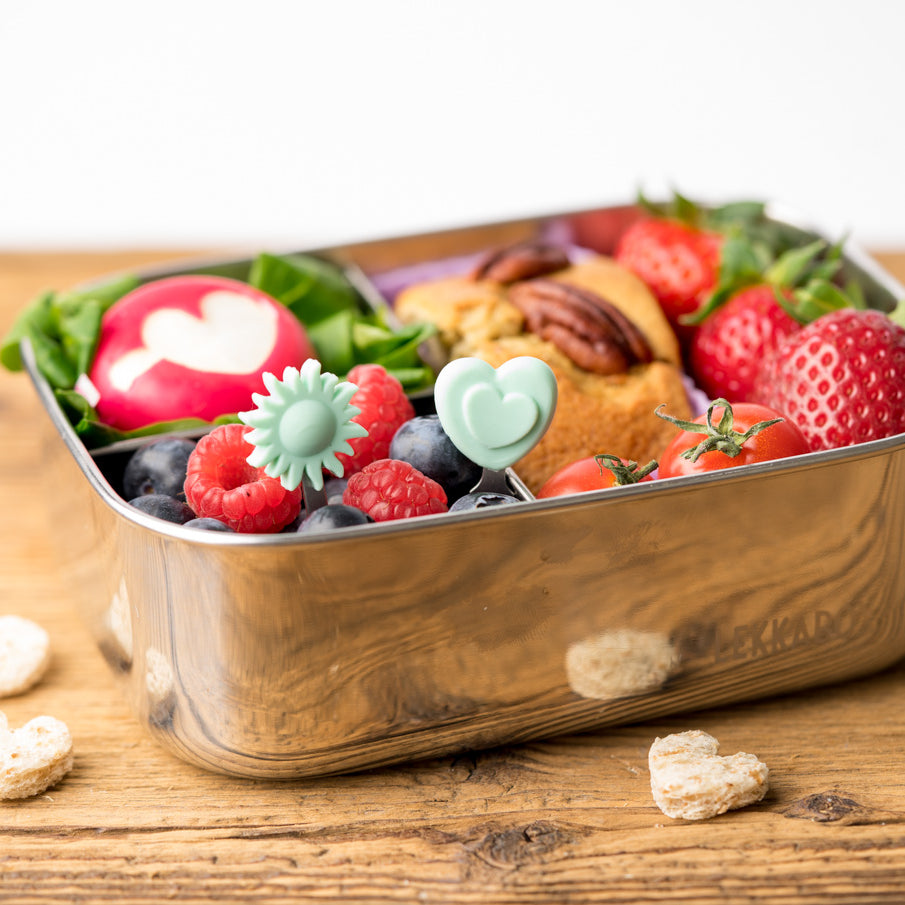 Lekkabox Picks – zestaw widelczyków ze stali nierdzewnej, silikonowe ozdobne końcówki, bezpieczne, wielorazowe, łatwe w czyszczeniu